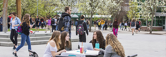 students outside in the spring