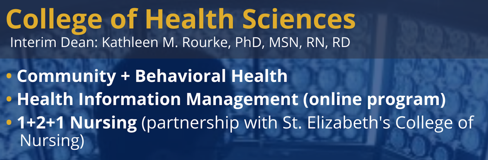 College of Heath Sciences - Interim Dean: Kathleen M. Rourke, PhD, MSN, RN, RD - Community + Behavioral Health, Health Information Management (online program), 1+2+1 Nursing (partnership with St. Elizabeth''s College of Nursing)