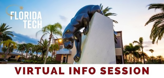 Panther statue and Florida Tech logo with text: Virtual Info Session